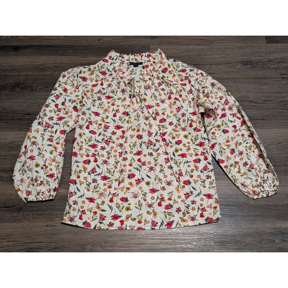 J Crew Floral Mock Neck Blouse Womens XXS White Red Scalloped Tie Long Sleeve